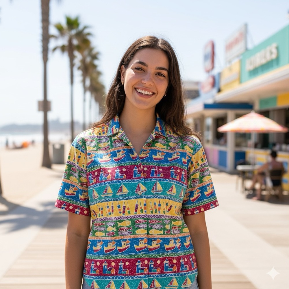 Vintage Susan Bristol Nautical Print Button Down Shirt Boats Fish Lighthouse